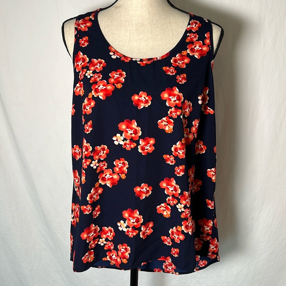 Halogen Dark Blue High Low Tank Top Blouse Medium Orange Red Flowers Floral